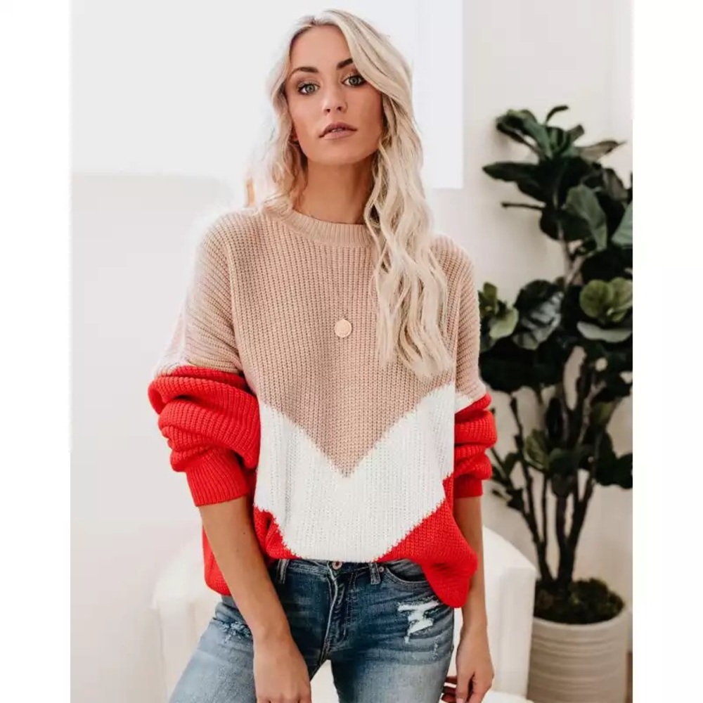 Emerson Beige & Red Oversized Color Block Sweater - Picture 3 of 7